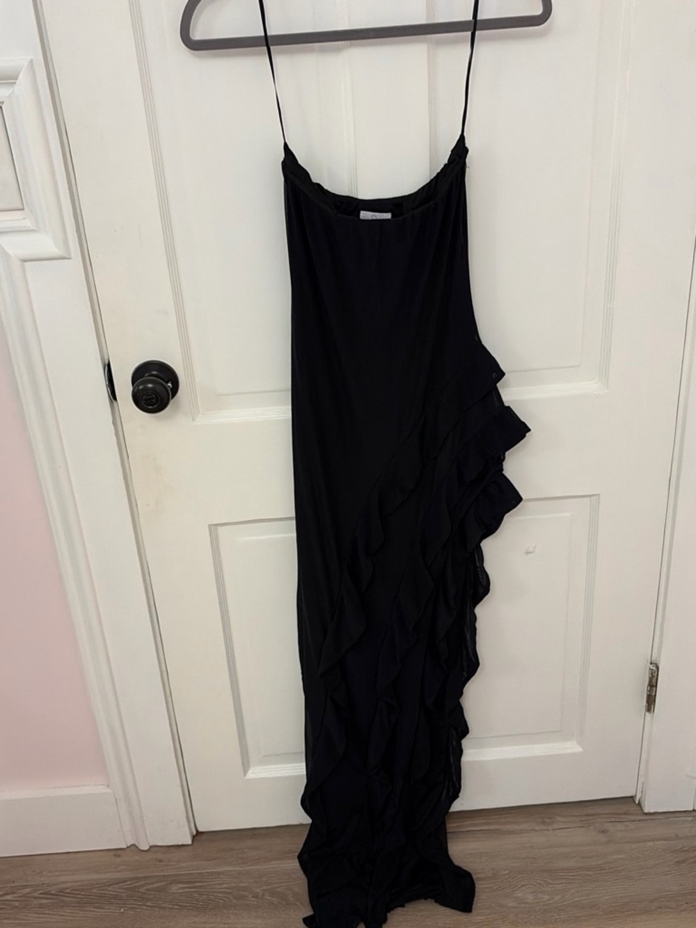 Black Spaghetti-Strap Maxi Dress with Cascade Ruffles